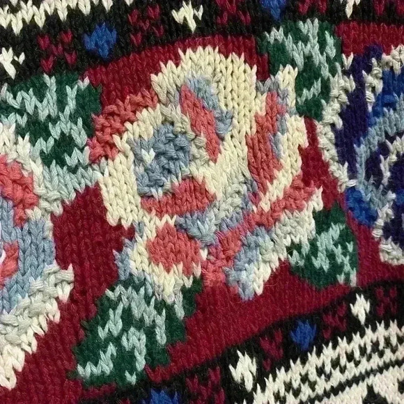 Vintage Black White Maroon Floral Rose Abstract Print Cotton Cropped Sweater M - Picture 13 of 13